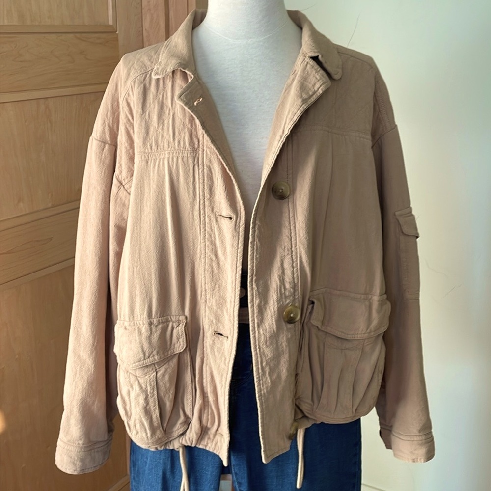 American Eagle 🦅 Beige Cotton Button Down Lightweight Bomber Jacket, Size L